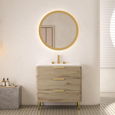  36 Inch Freestanding Bathroom Vanity, Curved Edge with Motion Sensor LED Light, Carrara White Sintered Stone Basin, Pre-assembled
