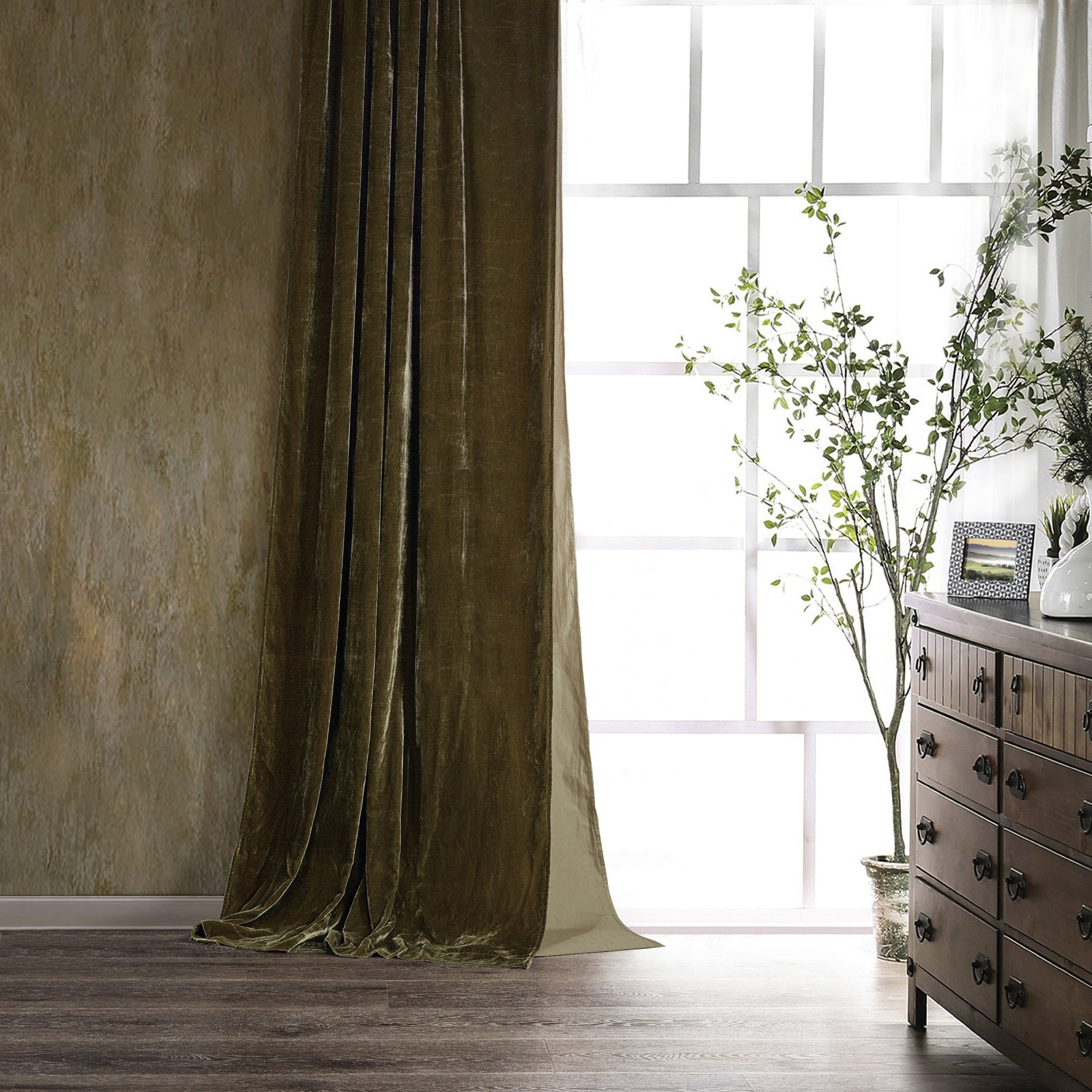 Stella Faux Silk Velvet Curtain Panel, Green Ochre