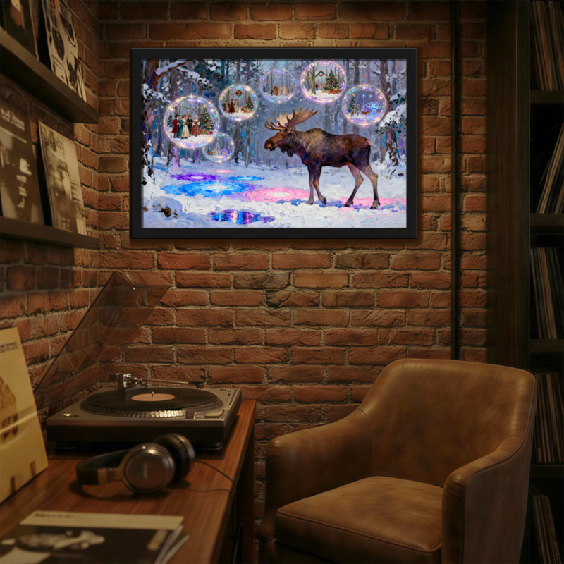 Orignal de Noël forêt d'hiver avec bulles des Fêtes, H 20 po x l 30 po