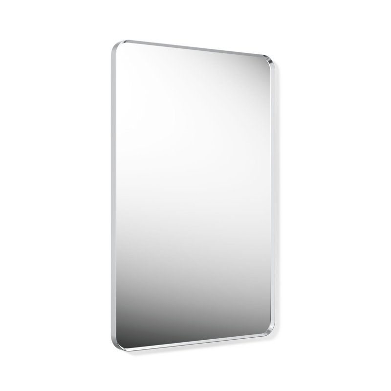 Rectangular wall mirror with a thin metallic frame and rounded corners