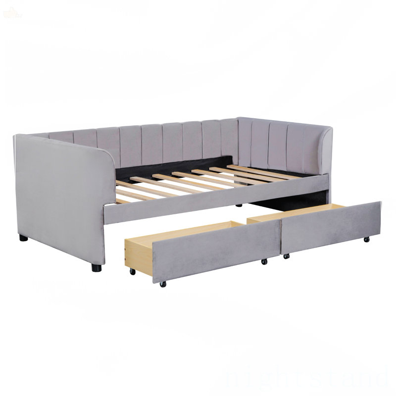 Lit de jour simple rembourré avec dossier ergonomique et 2 tiroirs, Gris