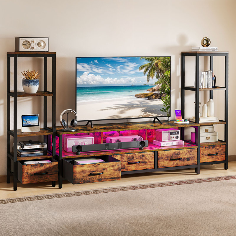 LED Entertainment Center With 2 Bookcases & Charging Ports, Brown Wood