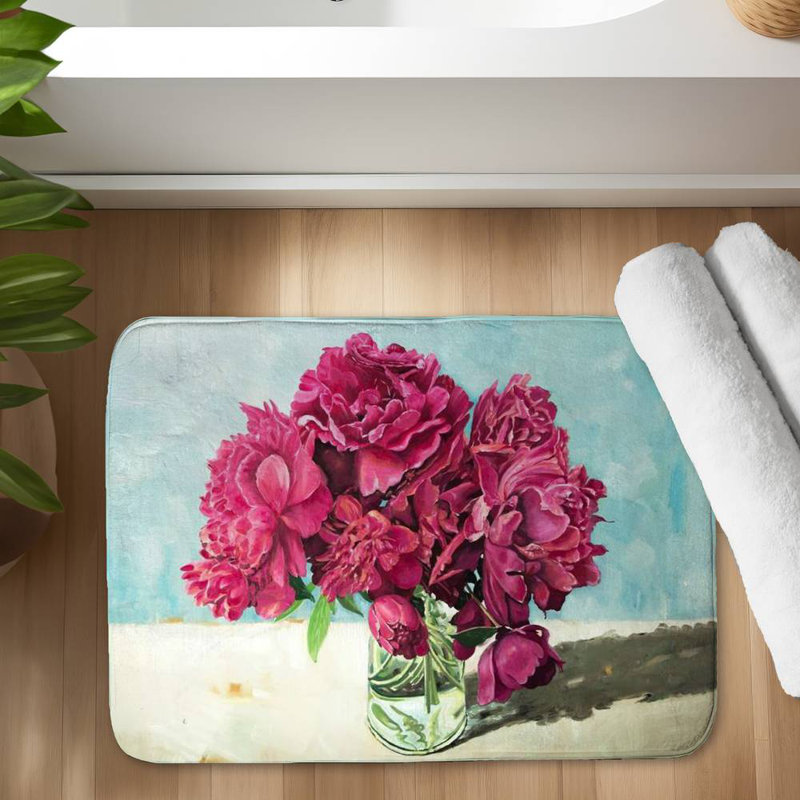 Fuchsia peony Bath Mat with Non-Slip Backing - Quick Dry Memory Foam Bathroom Rug - Absorbent - Modern Plush Spa-Style - Machine Washable