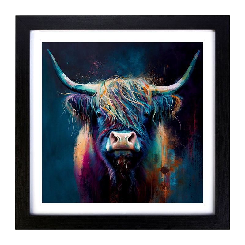 Highland Cow Abstract Expressionism - Single Picture Frame Print on Wood, Black