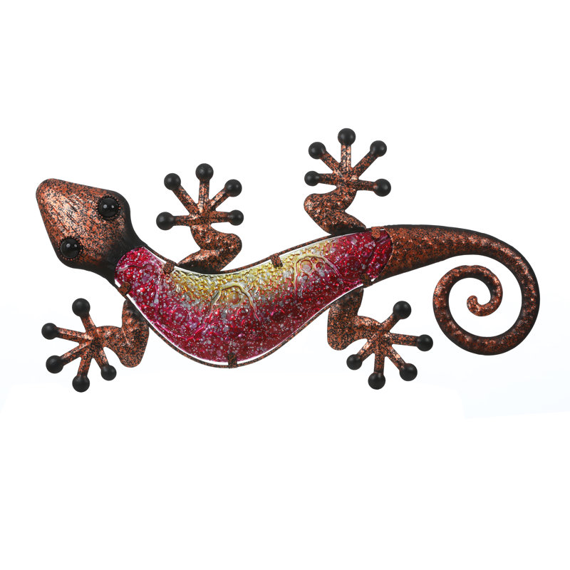Décoration murale rétro 18 "Gecko, H 24 po x l 12,25 po, Rose / Jaune