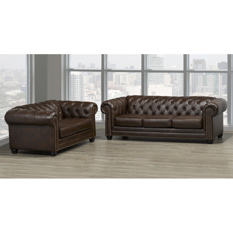 Ensemble de salon en cuir véritable 2 pièces Ornellas, Similicuir brun