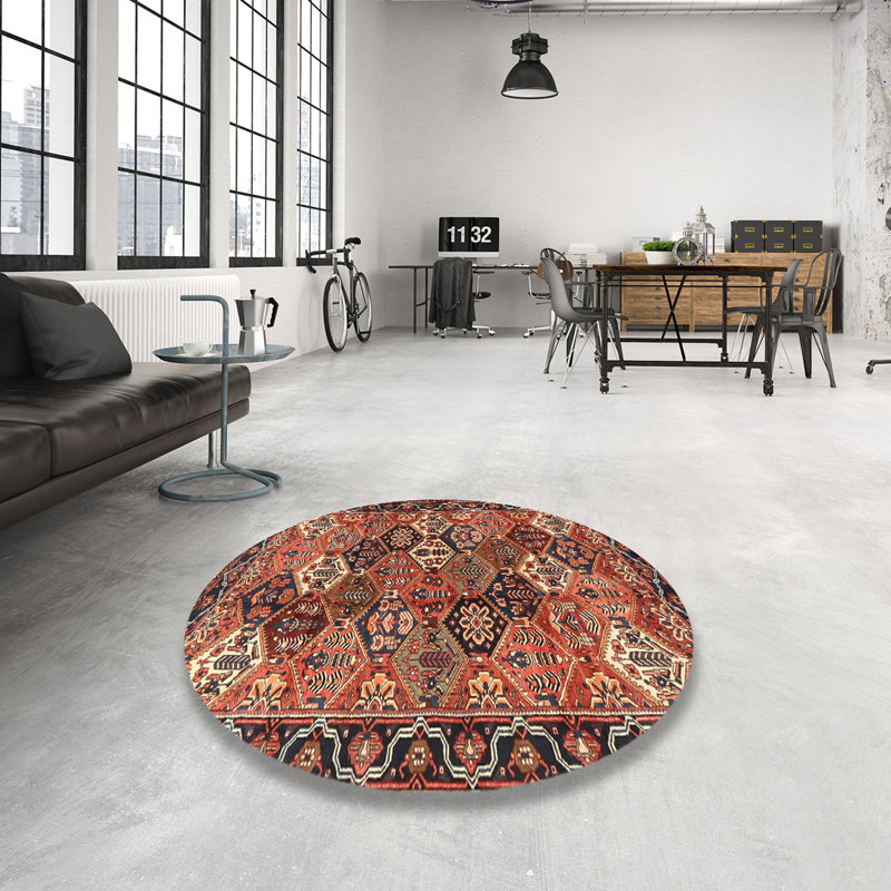 Tapis traditionnel rouge / noir Droz, Rond 5 pi