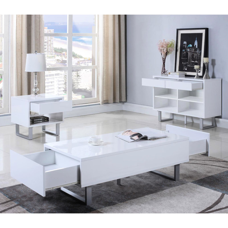 Table de bout haute brillance blanche avec 1 tiroir pour un salon élégant et organisé