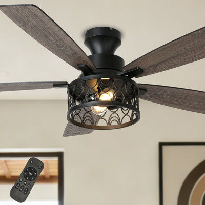 52" Industrial Black Caged Flush Mount Ceiling Fan with Light Kit and Remote Control 6-speed Reversible DC Motor Low Profile Fan 