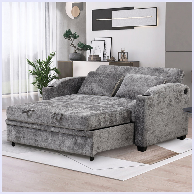 Canapé-lit escamotable avec dossier réglable, 2 coussins, porte-gobelets, ports USB, Chenille gris