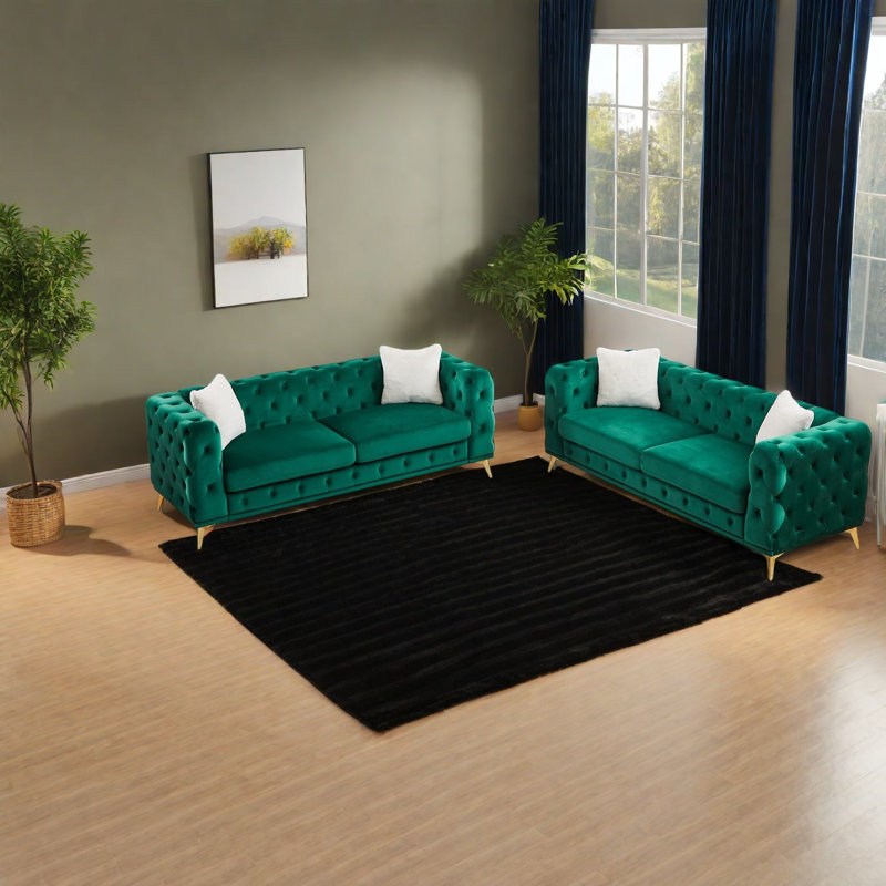 Compression Sofas Set, Green Velvet 3 Seater, Modern Tufted Home Lounge