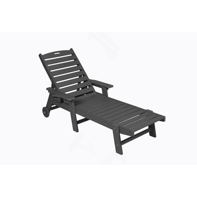 Outdoor Lounge Chair With Realistic Wood Texture, Oversized Chaise Lounge With 5 - Position Adjustment, Hdpe Material, Wheels And Cup Holder For Poolside And Deck Relaxation