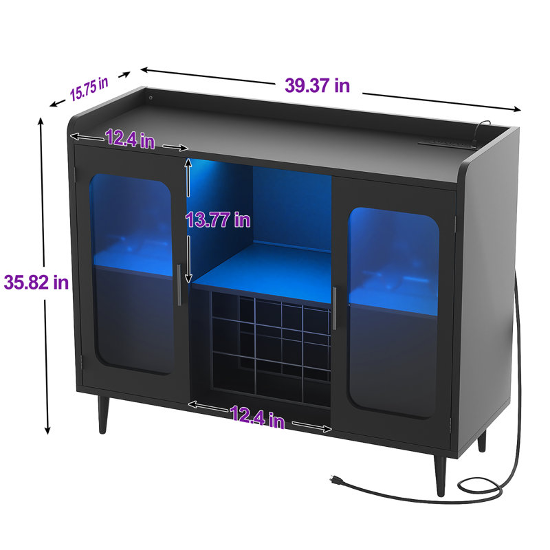 Xachary 40'' Wine Bar Cabinet with 4-Tier Storage for Glasses with LED Lights, Sideboard with Doors, Black