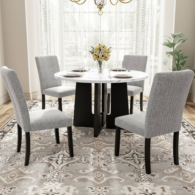 Polett Round Dining Set, White Table with Gray Chairs