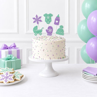 Décorations de gâteaux en flocons de neige, grenouillères et bonnets violet menthe, pics à gâteau flocons de neige en carton pour fête prénatale