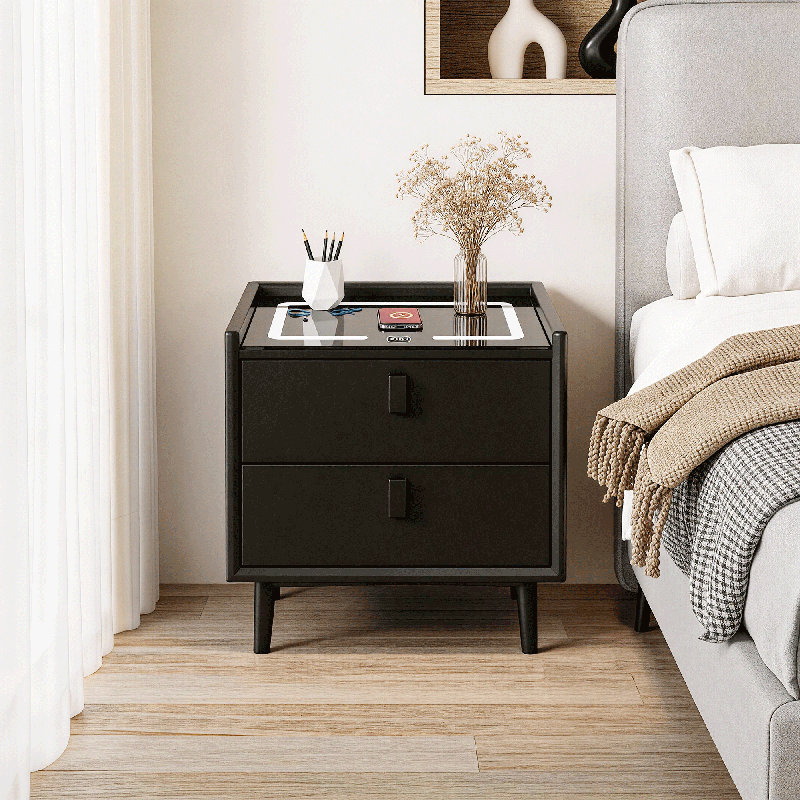 19.6"W 2-Drawers Smart Nightstand with Wireless Charging Station & 3-Color LED Light – Bedside Table with Tempered Glass Top