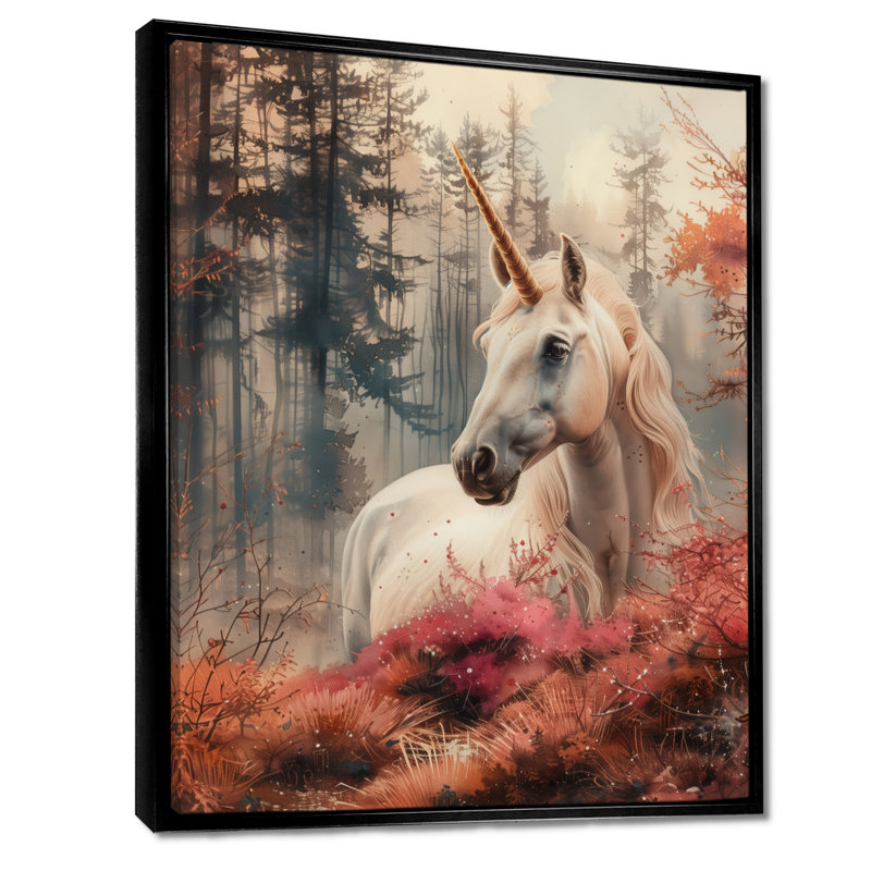 Licornes blanches et roses, créatures Mythiques - Créatures Mythiques, H 24 po x l 32 po, Cadre flottant noir, bois massif