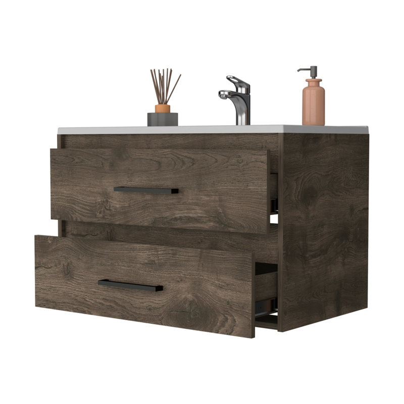 2 meubles-lavabos à fixation murale de style brun foncé et blanc avec deux options de rangement généreuses