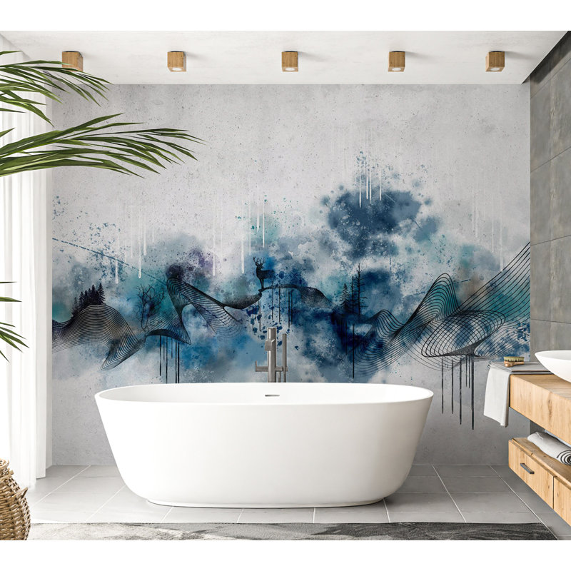 Murale abstraite pelez et collez - Vague bleue moderne, L 110 po x l 154 po