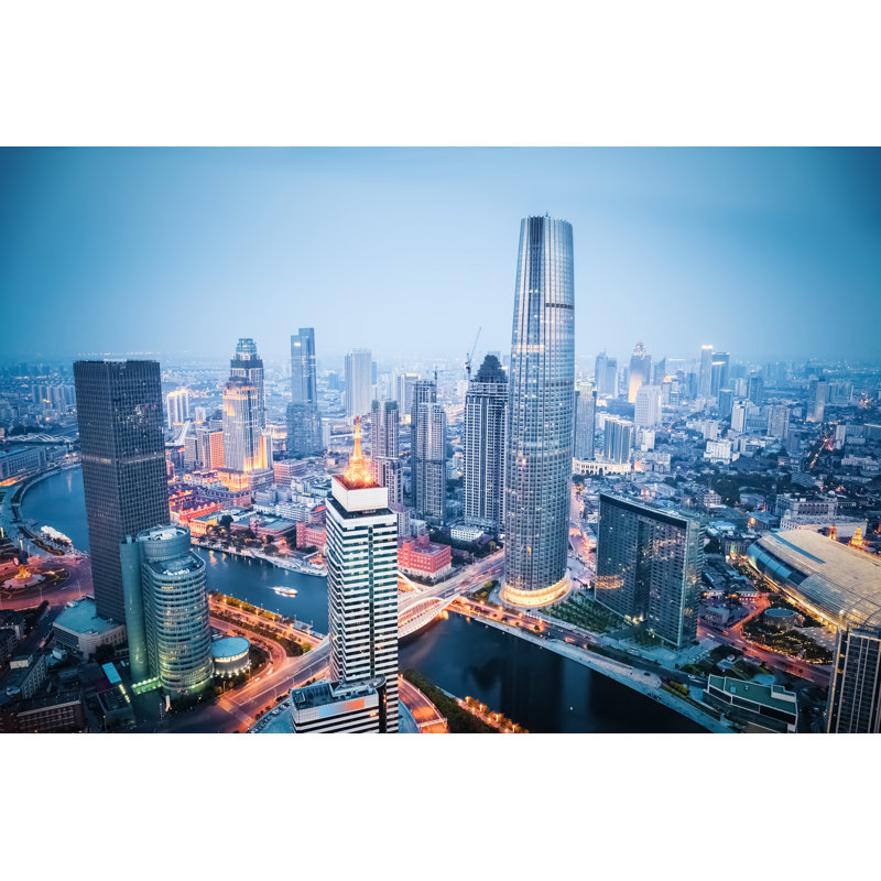 Aerial View Of Tianjin In Nightfall by Chuyu - Wrapped Canvas Print, 30cm H x 46cm W