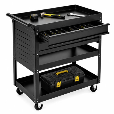 30" Rolling Tool Cart, 3-Tier Steel Utility Cabinet with 2 Drawers & Locking Casters, Heavy Duty Mobile Workbench for Garage & Workshop, Black