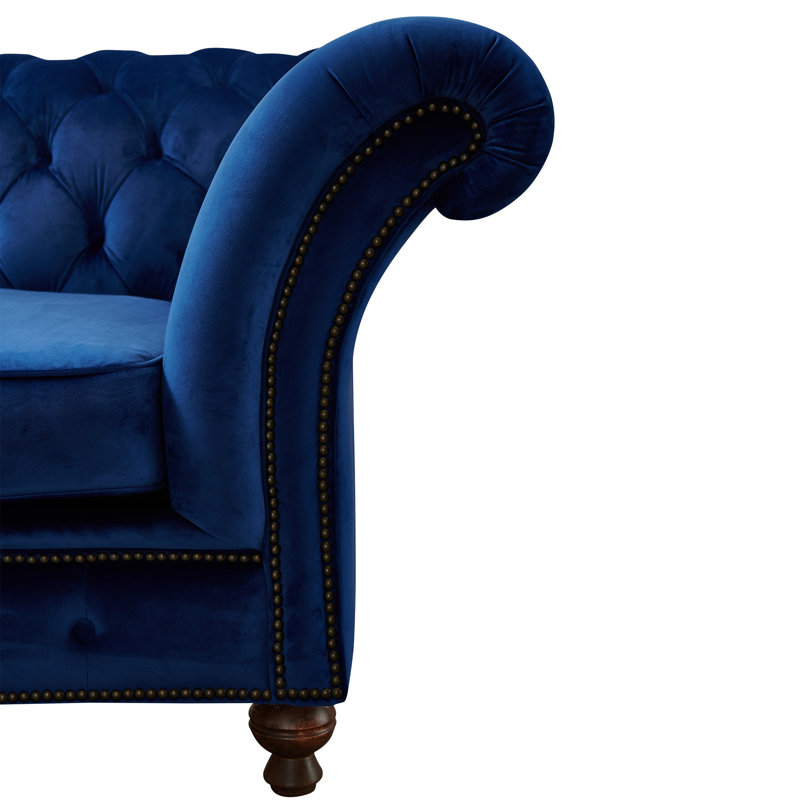Jarique 98" Velvet Rolled Arm Chesterfield Sofa, Blue Velvet