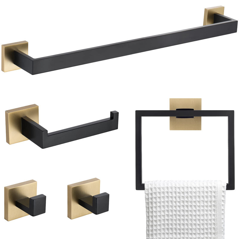 Ensemble d'accessoires de salle de bain mural en acier inoxydable 5 pièces Topcraft, Or brossé / noir mat
