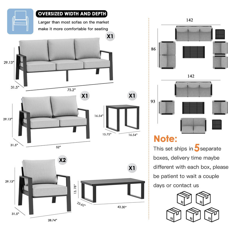 Ensemble de mobilier de jardin moderne et résistant aux intempéries, composé de 5 pièces : canapé trois places, causeuse, fauteuils et table basse, gris pâle