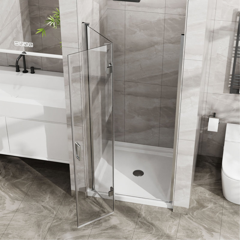 Porte de douche pliante en verre trempé sans cadre 34 po x 72 po 1/4 po en verre trempé pivotant, pliable, Chrome chrome