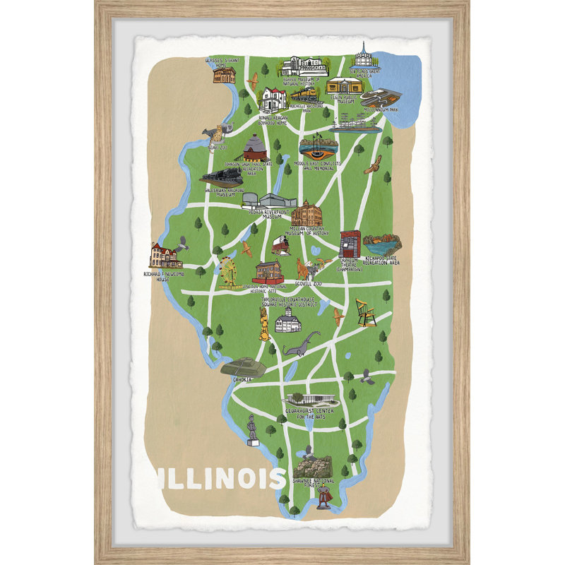 Illinois Road Map - Reproduction d'art graphique sur papier encadré, H 45 po x l 30 po x P 1,5 po