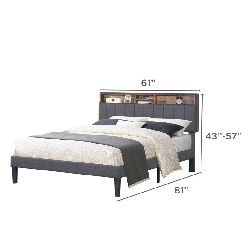 Lit plateforme tapissier avec tête de lit et port de charge USB, base de lit en lin avec tablette, aucun sommier requis, grand