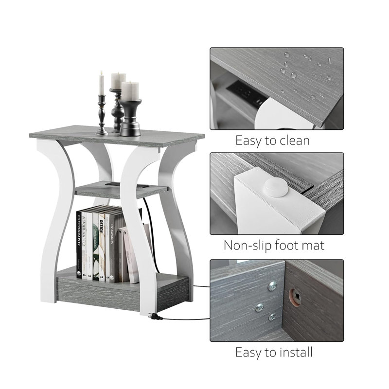 Gray and White Wood 3-Tier End Table Set with USB Charging Station