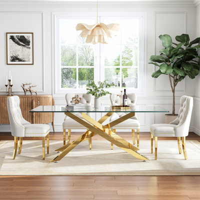 78.7" Rectangle Glass Dining Table Set With Polished Stainless Steel X-Base And Velvet Upholstered Nailhead Trim Dining Chairs