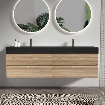 Bathroom Vanity With Engineered Quartz Sink And Rough Oak Drawers, Wall Mounted Floating Bathroom Vanity, One-Piece Basin Without Drainage And Faucet