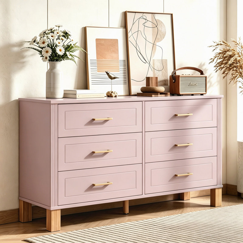 Commode double 6 tiroirs en bois robuste, Rose