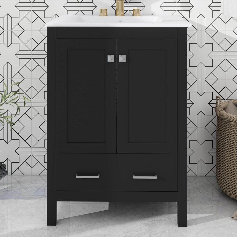  Ensemble de meuble-lavabo élégant avec lavabos en céramique et tiroirs cloisonnés, Ensemble central de 4 po, 24", Noir