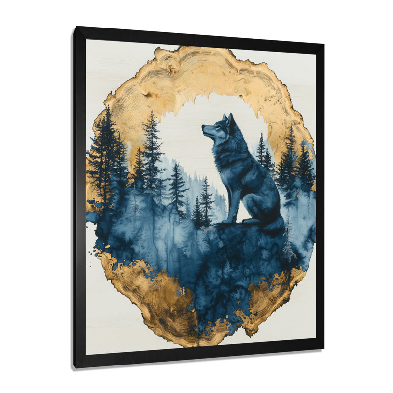 Gradys, loup doré dans un paysage de forêt bleue II - loup, impression d'art mural, H 20 po x l 12 po, Avec cadre, Noir