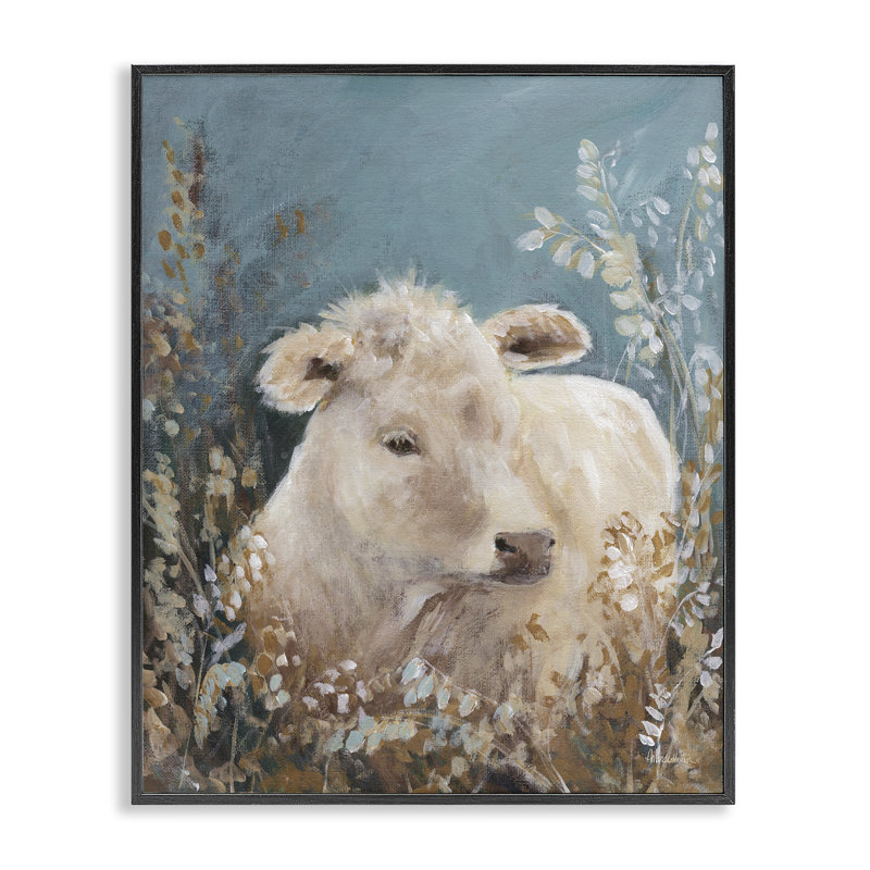 Doux bovin parmi les fleurs, estampe numérique, design par Amanda Hilburn, H 14 po x l 11 po, Giclée encadrée noir minuit