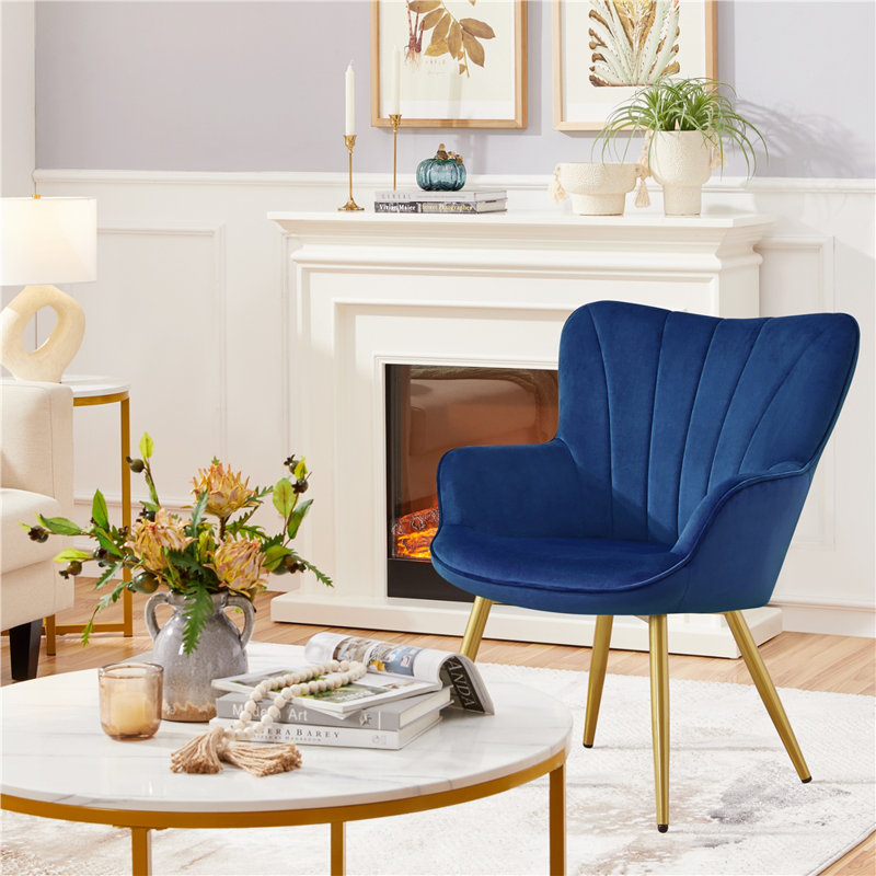 color Upholstered Armchair, Modern  Accent Chair with Wing Side and Metal Legs, Blue Velvet, Gold