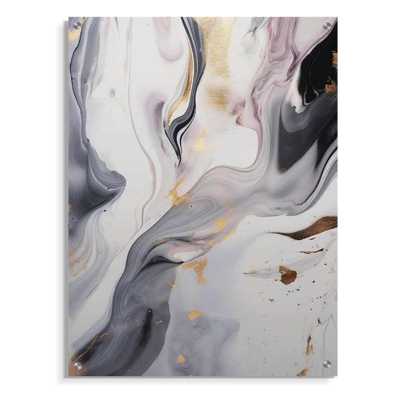 Blanc et gris ondulations de pierre I - Art mural acrylique abstrait en marbre, H 20 po x l 12 po