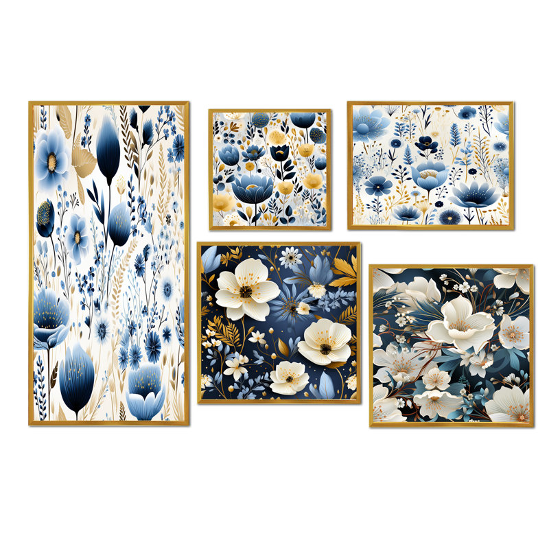 Avera - Ensemble de 5 impressions sur toile florales, Cadre flottant doré