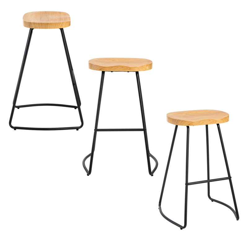 26 Inch Barstool Chair For Kitchen Island, Rustic Saddle, Seat Backless Stools With Metal Leg, Wood, 3