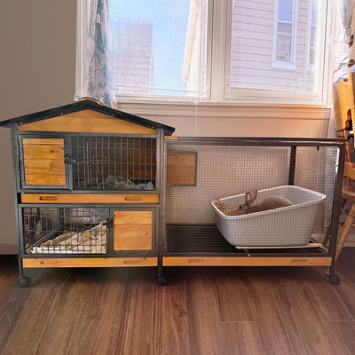 Rabbit Hutch Outdoor with Metal Surround Indoor Rabbit Cage with Wheels Bunny Cage Large Guinea Pig Cage for Small Animals with Tray