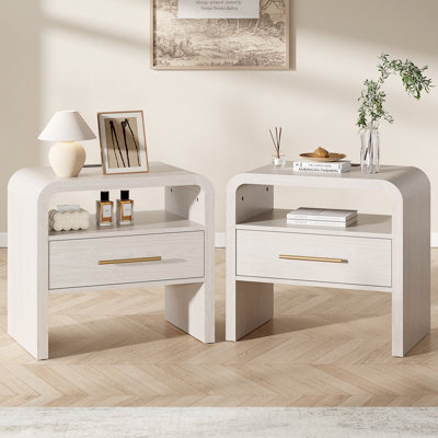 23.7" Curved Nightstand Set of 2 with Charging Station, LED Light, Drawer and Open Shelf