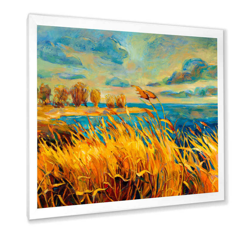 «Vibrant Sunset over Lake», peinture sur toile, Cadre photo blanc, H 30 po x l 30 po x P 1 po