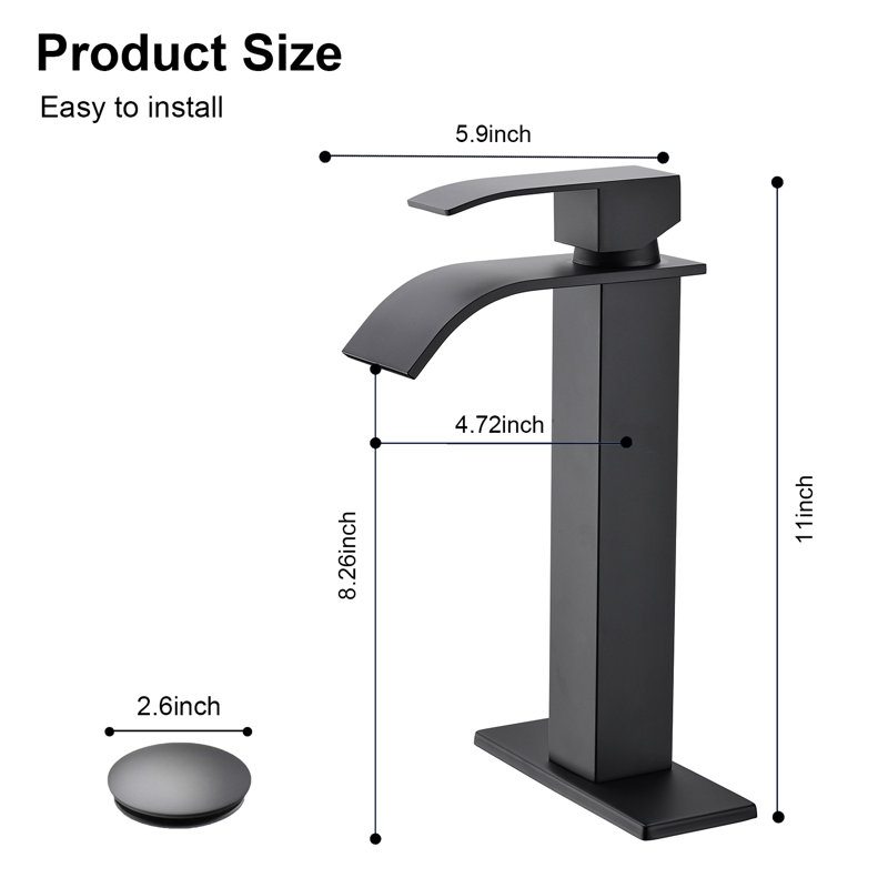 Robinet de salle de bain à cascade, robinet d'évier de salle de bain à poignée simple avec bonde escamotable, sans trop-plein