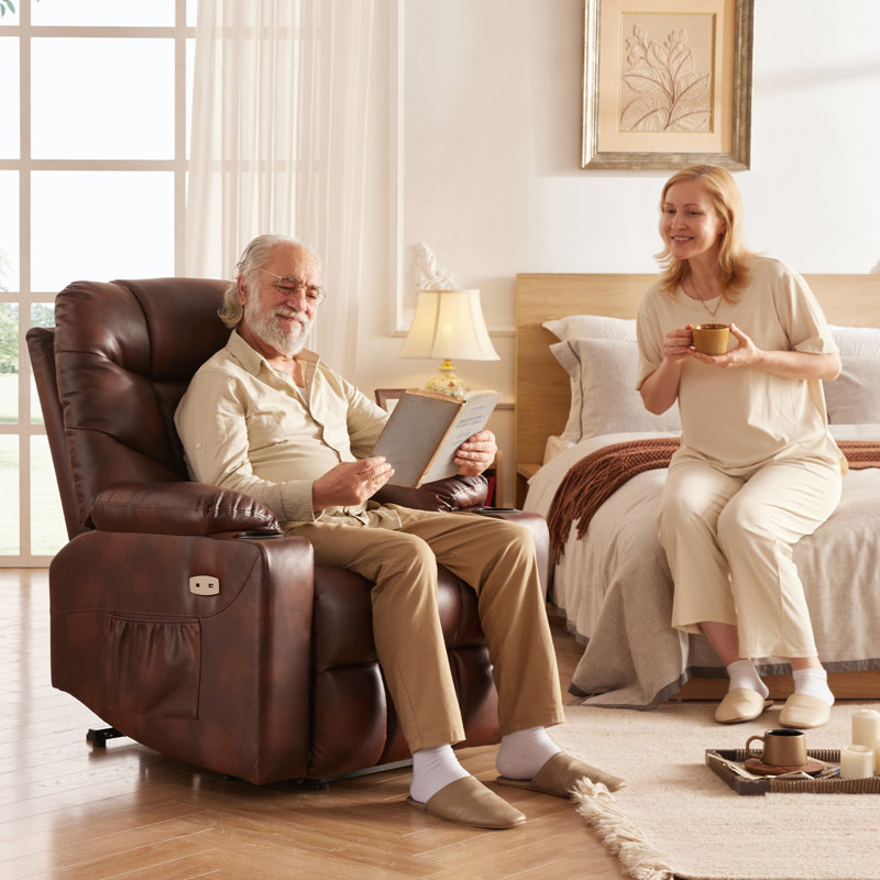 Dual Motor Heating Massage Elderly-Movable Recliner Chair with Wheels and Power Supply, Brown