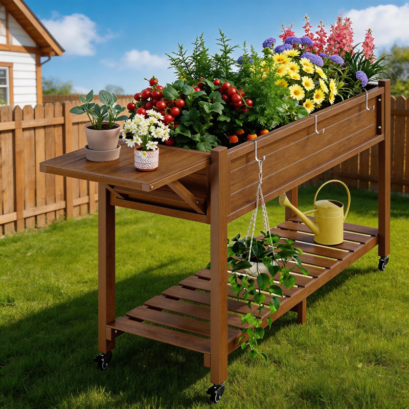 Elevated Raised Garden Bed With Legs Planter Box Stand With Storage Shelf, Teak