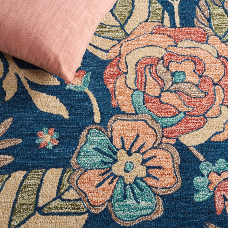 Jardin Handtufted Wool Cotton Floral Rug in Blue/Green, Rectangle 5' x 8'
