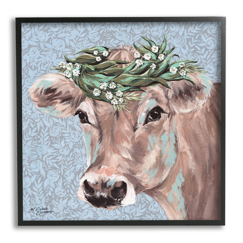 Charmante couronne florale de portrait de vache, Giclée encadrée noir minuit, L 17 po x H 17 po